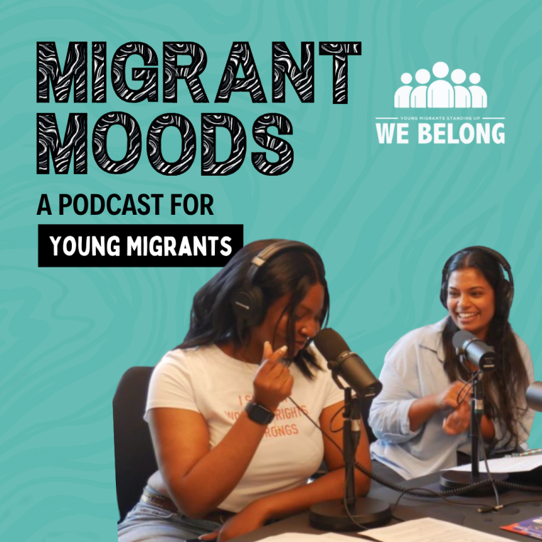 Podcast Cover Art: Migrant Moods Podcast. Two girls sitting in a desk at a recording studio.