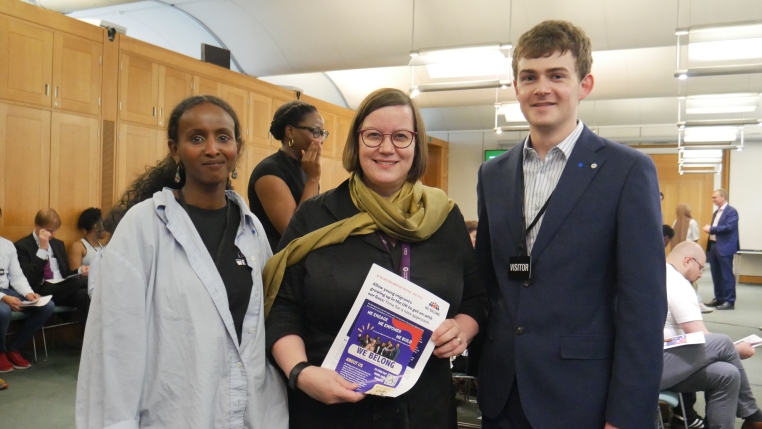 Meg Hillier supporting the Out Of The Loop campaign alongside our Policy Lead Mariam and Policy Consultant Aidan