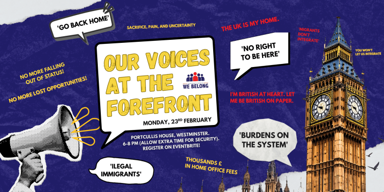 Banner of parliament and megaphone with text inviting readers to attend our Parliamentary Event 'Our Voices at the Forefront' on Monday, 23rd February, 2026.